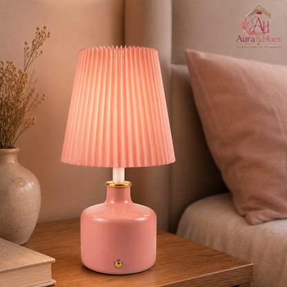Aura & Hues Rosé Pleat Glow Ceramic Table Lamp Elegant Glossy Dusty Rose Accent Light with Blush Pleated Shade for Bedside & Vanity