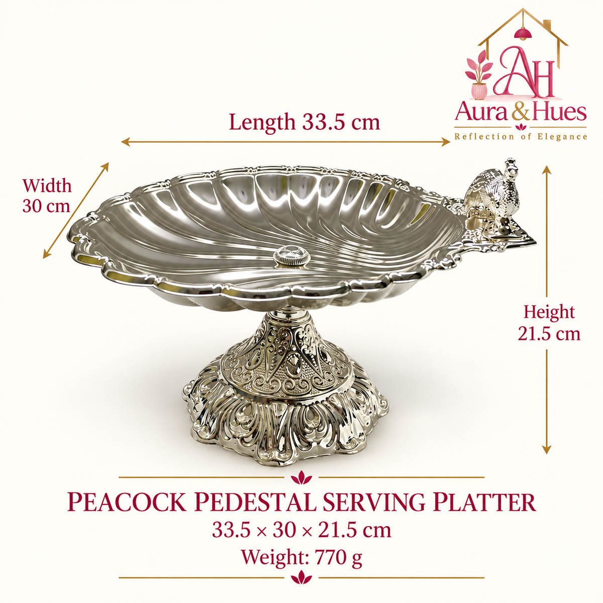 Aura & Hues Royal Large Footed Round Serving Platter and Cake Stand with Embossed Peacock Motif, Nut Bolt Fitting & Diamond Studs (Silver, 33.5 cm)