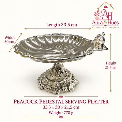 Aura & Hues Royal Large Footed Round Serving Platter and Cake Stand with Embossed Peacock Motif, Nut Bolt Fitting & Diamond Studs (Silver, 33.5 cm)