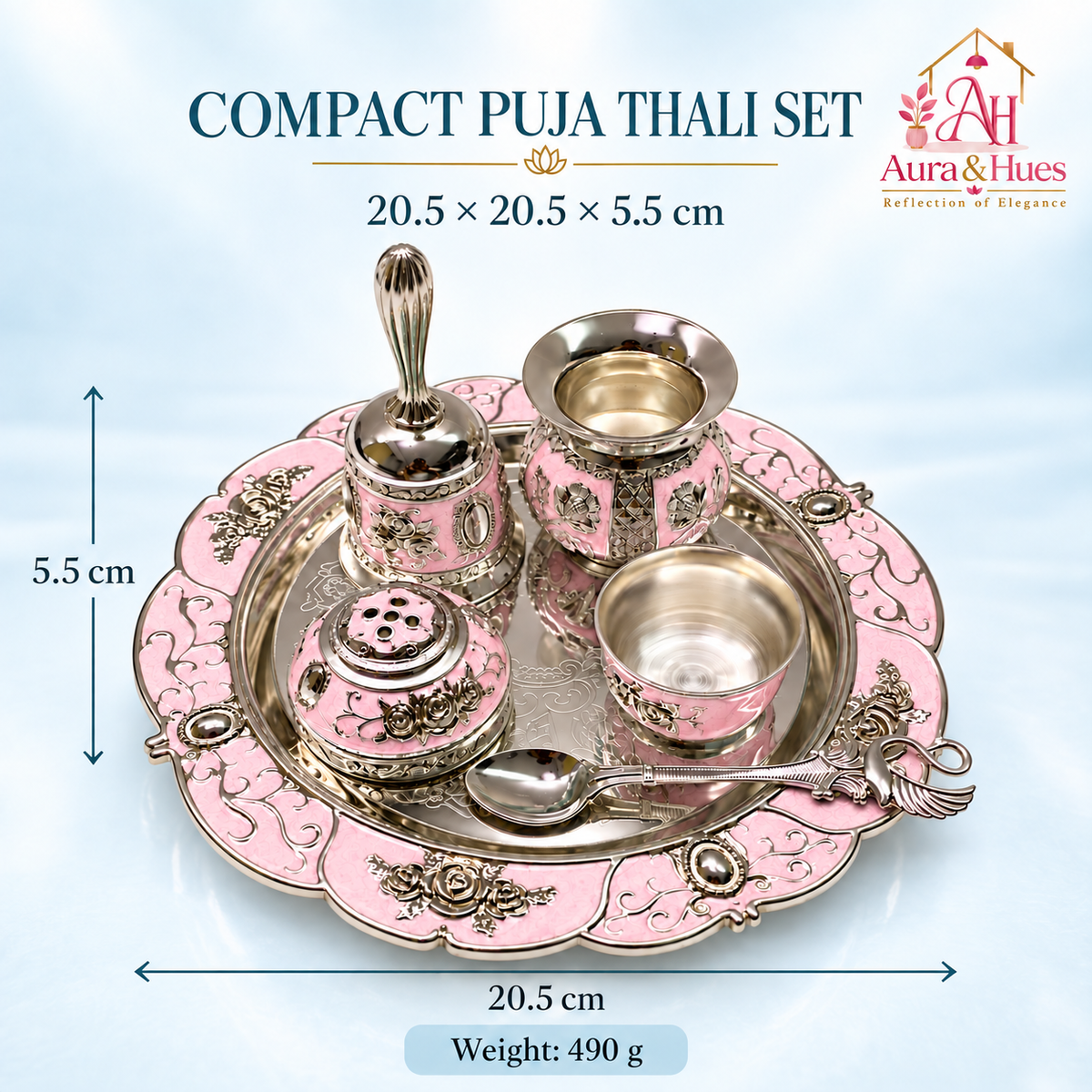 Aura & Hues Handcrafted Small Decorative Pooja Thali Gift Box Set with 5 Festive Accessories - Elegant Light Pink Enamel Finish (20.5 x 20.5 cm)