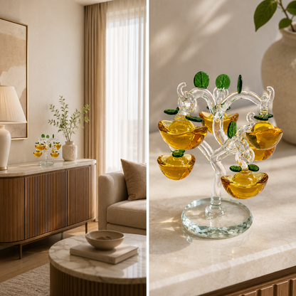 Aura & Hues Golden Harvest Crystal Tree Handcrafted Yellow Apple Glass Sculpture for Home Decor Living Room Table Centerpiece & Festive Gifting