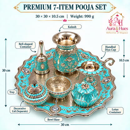 Aura & Hues Premium Royal Decorative Big Pooja Thali Set with 6 Essential Ritual Items - Light Blue Artisan Painted Centerpiece (30 x 30 cm)