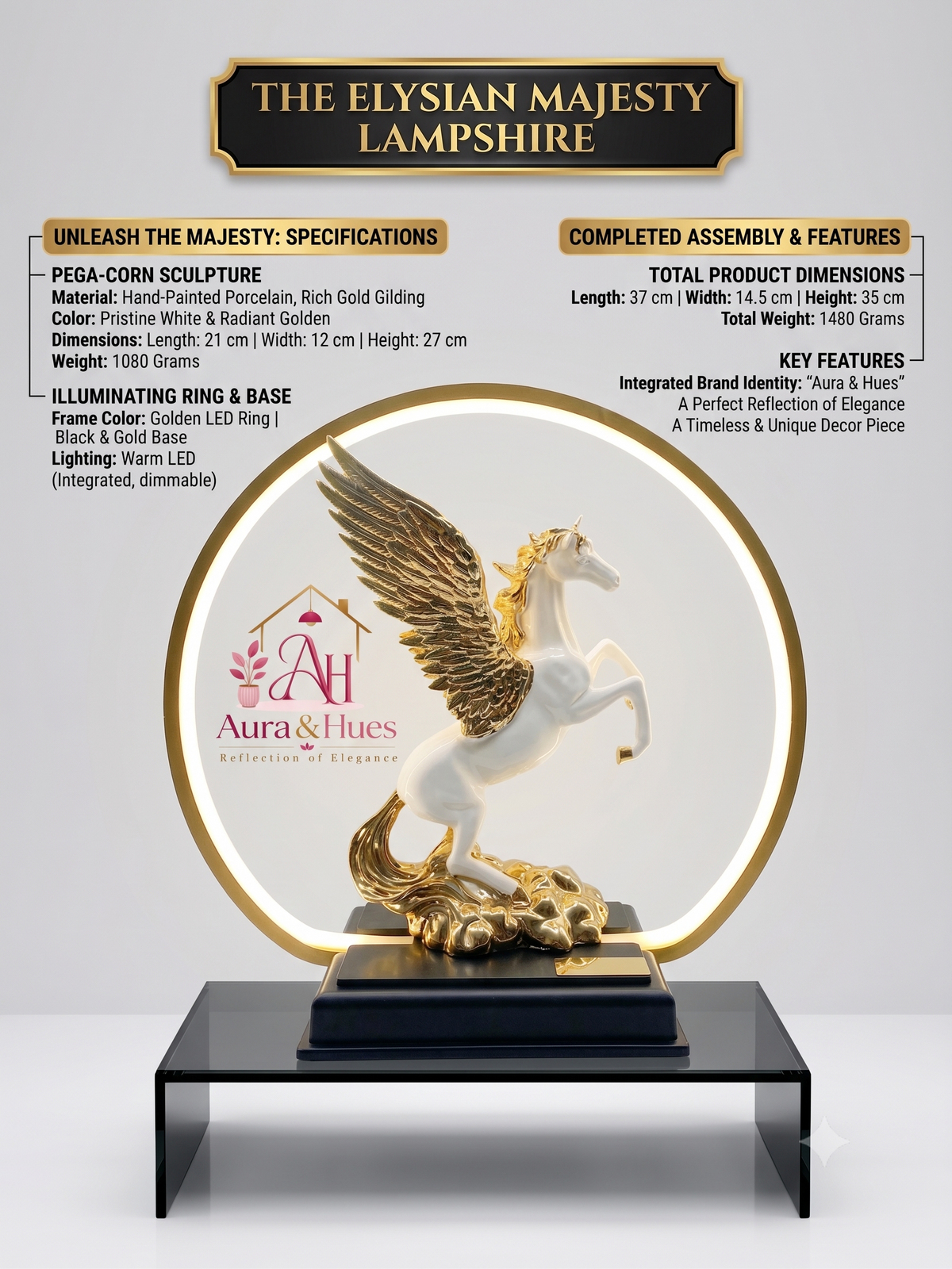 Aura & Hues 14-Inch Feng Shui Galloping Horse Figurine in Gold Frame - Victory & Success Decor