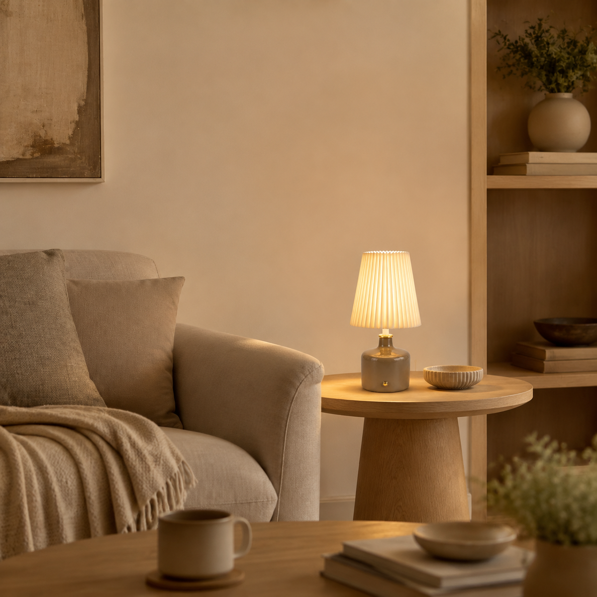 Aura & Hues Lumora Pleat Table Lamp Elegant Sculptural Ceramic Accent Lighting with Cream Pleated Shade for Bedside and Living Decor