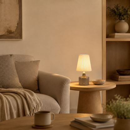 Aura & Hues Lumora Pleat Table Lamp Elegant Sculptural Ceramic Accent Lighting with Cream Pleated Shade for Bedside and Living Decor
