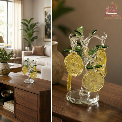 Aura & Hues Crystal Fortune Money Tree Handcrafted Golden Prosperity Coin Sculpture for Feng Shui Vastu Wealth Decor & Festive Office Gifting