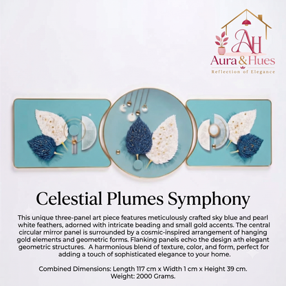 Aura & Hues 3-Piece Dual Feather Crystal Glass Wall Painting Set - 48x16 Inches