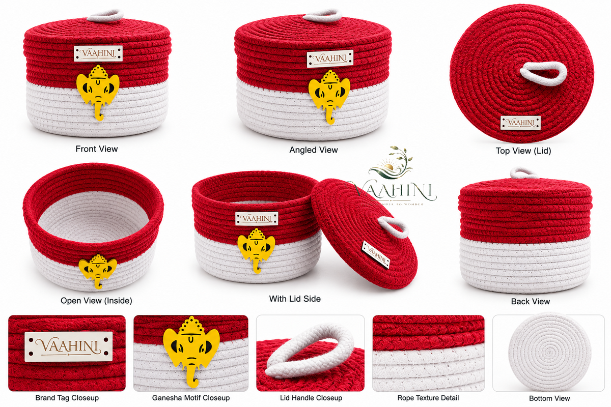 Vaahini Cotton Rope Dual Colored Ganpati Baskets with Lid for Temples