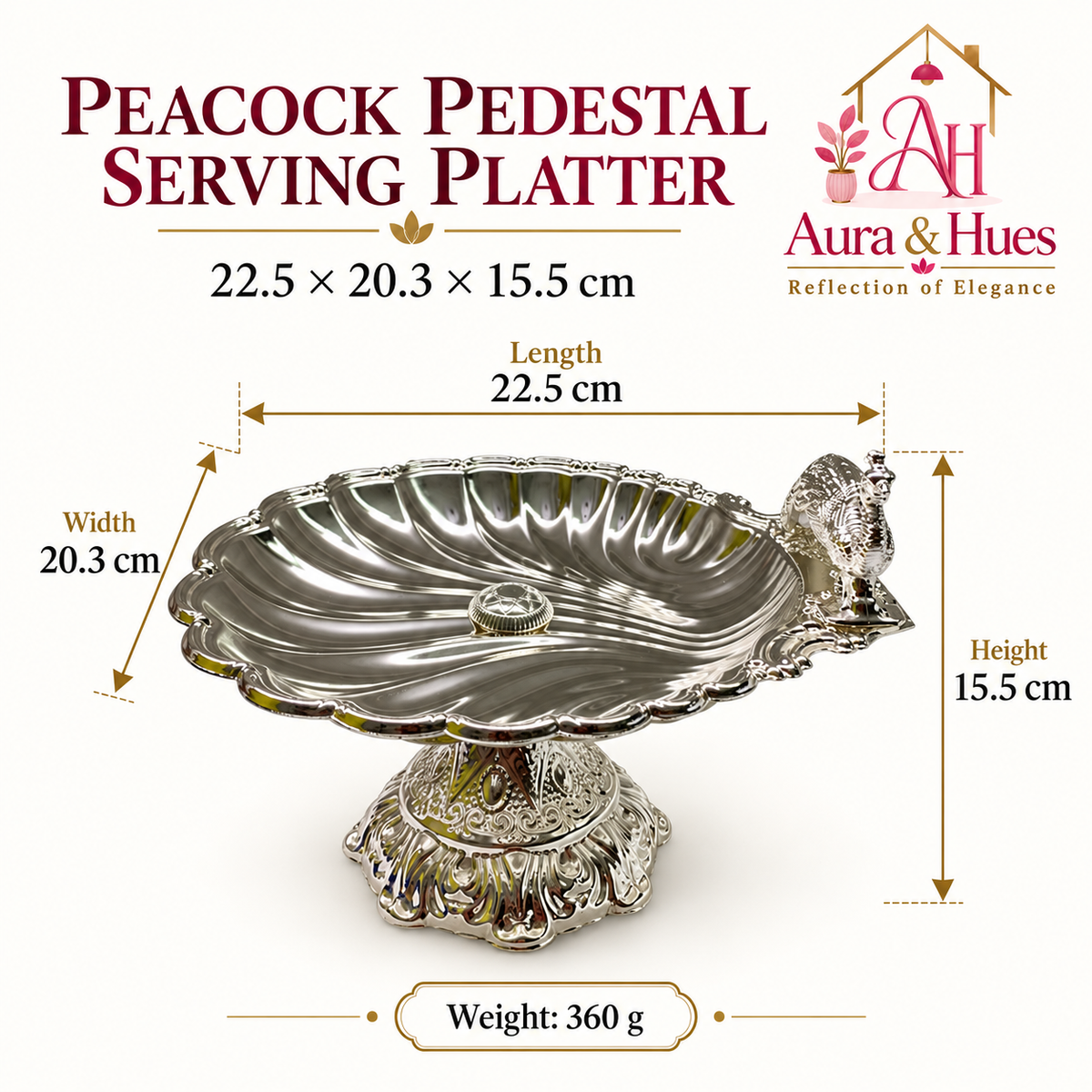Aura & Hues Elegant Small Footed Round Serving Platter Pedestal Stand with Majestic Peacock Engraving & Nut Bolt Assembly (Silver, 22.5 cm)
