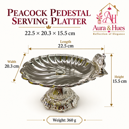 Aura & Hues Elegant Small Footed Round Serving Platter Pedestal Stand with Majestic Peacock Engraving & Nut Bolt Assembly (Silver, 22.5 cm)