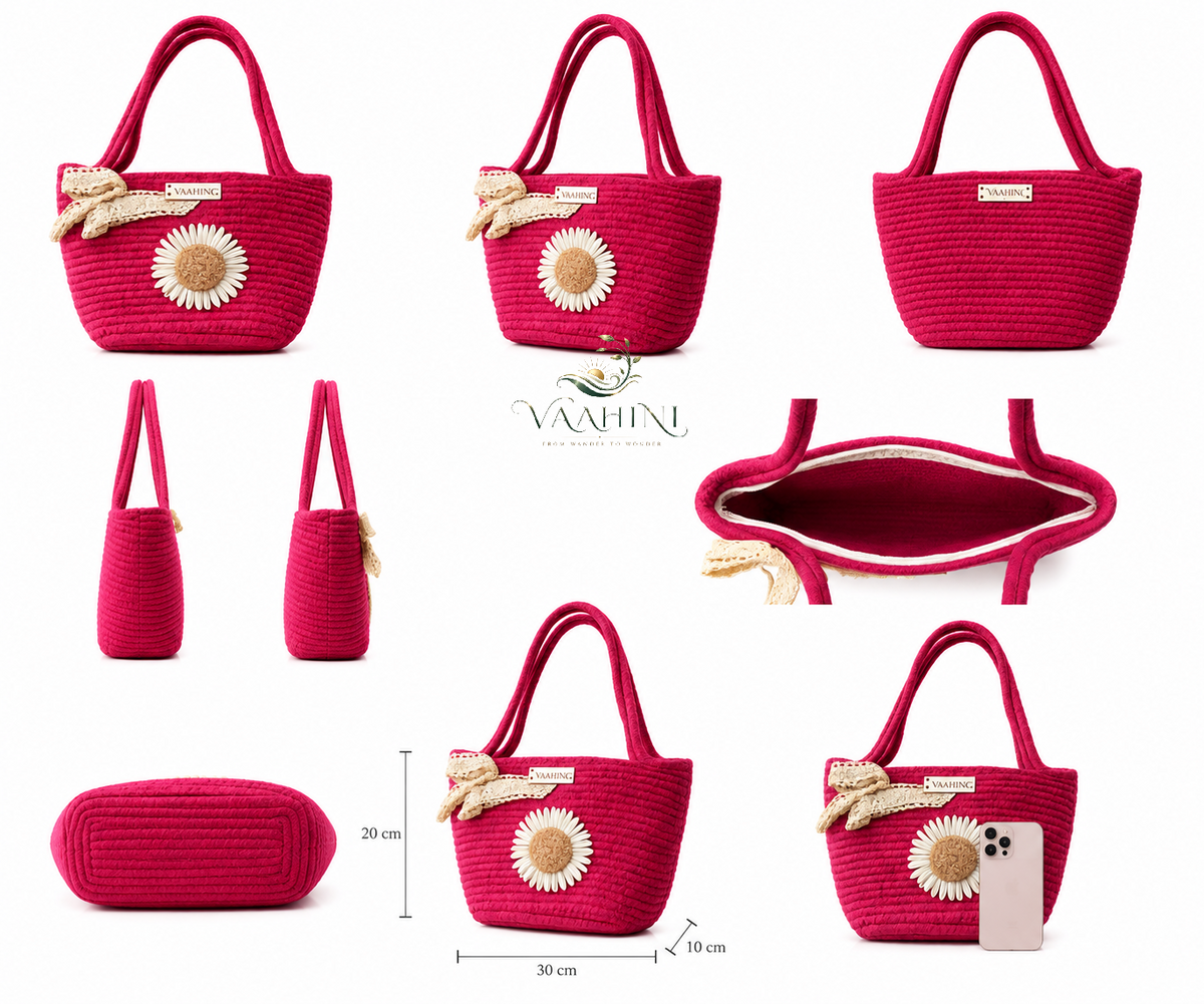 Vaahini Cotton Rope Daisy Handbag Magenta - Dimensions