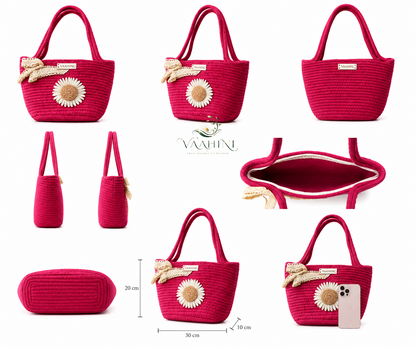 Vaahini Cotton Rope Daisy Handbag Magenta - Dimensions