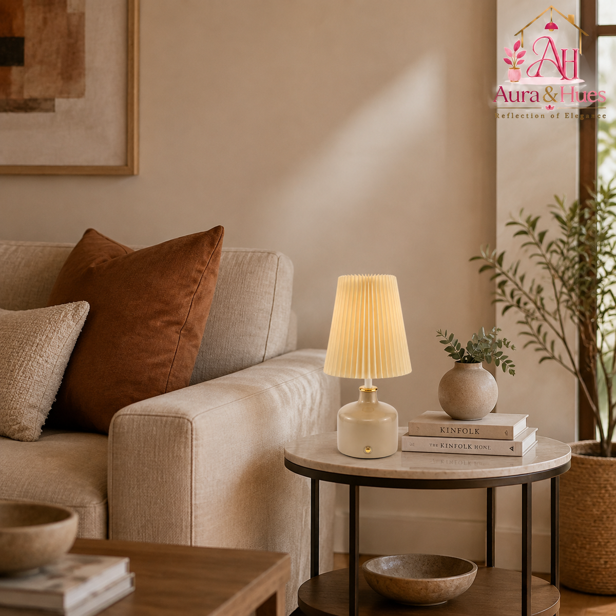 Aura & Hues Mushroom Glow Pleated Table Lamp Elegant Warm Taupe Ceramic Accent Light with Cream Shade for Bedside Nightstand & Study