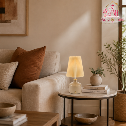 Aura & Hues Mushroom Glow Pleated Table Lamp Elegant Warm Taupe Ceramic Accent Light with Cream Shade for Bedside Nightstand & Study
