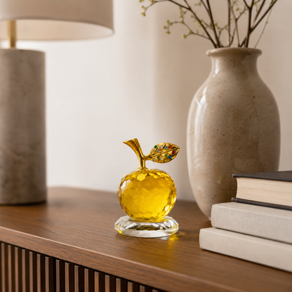 Aura & Hues Golden Orchard Crystal Apple Radiant Amber Yellow Faceted Glass Figurine with Jewelled Gold Leaf for Home Decor and Gifting