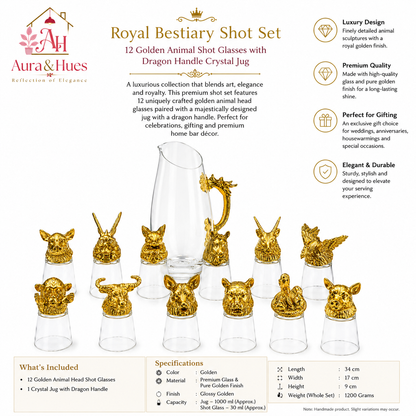 Aura & Hues Royal Golden Animal Head Shot Glasses Set of 6 with Decanter Jug and Serving Caddy for Luxury Barware Gifting