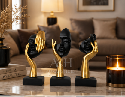 Abstract Face Sculpture Set – Black & Gold (Set of 3)
