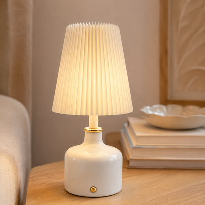 Aura & Hues PearlGlow Pleated Table Lamp Elegant Glossy Pearl White Ceramic Accent Light with Ivory Shade for Bedside & Living Room