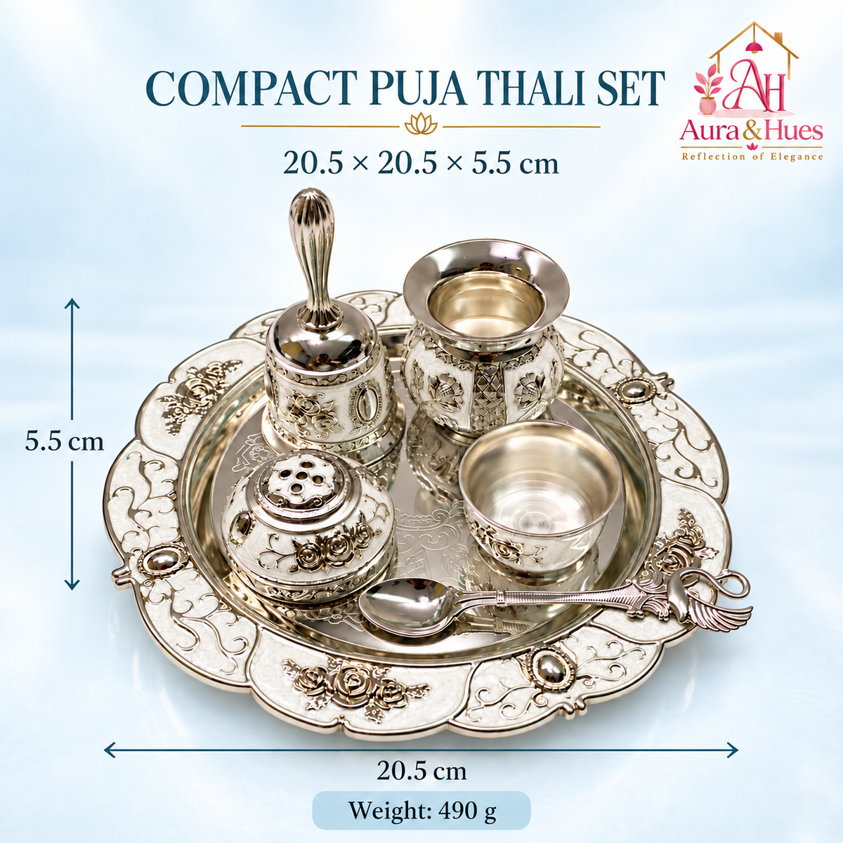 Aura & Hues Handcrafted Small Decorative Pooja Thali Gift Box Set with 5 Festive Accessories - Pristine White Pearl Enamel Finish (20.5 x 20.5 cm)