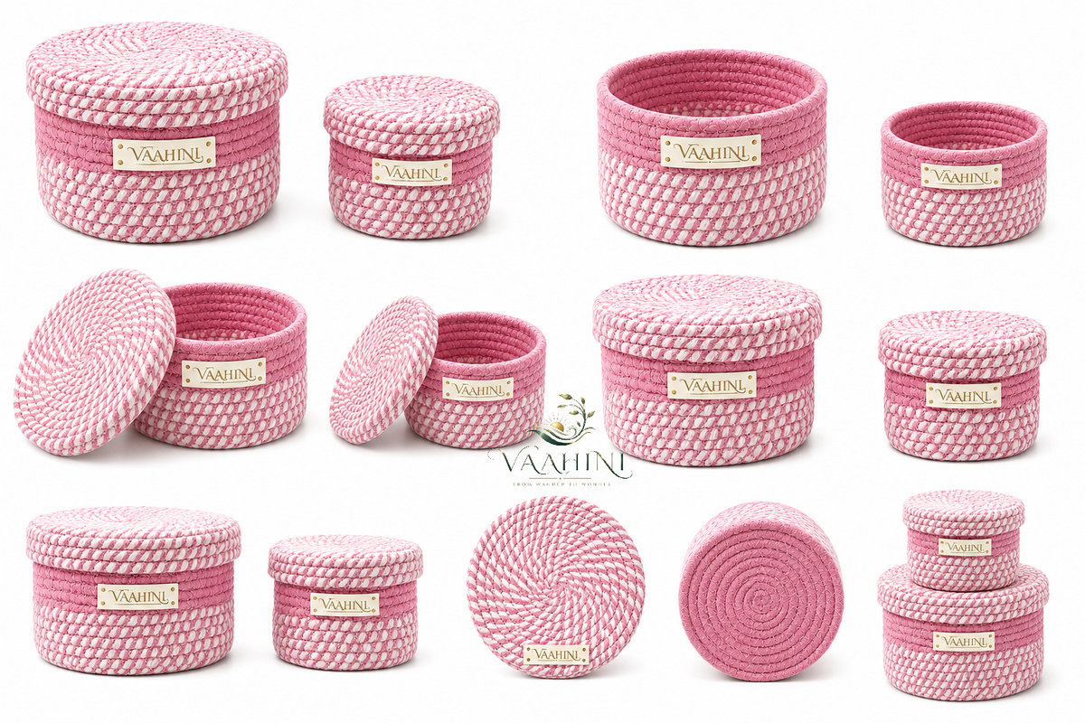 Vaahini Cotton Rope Combo Pack Storage Baskets with Lid - Pink - Brand Shot