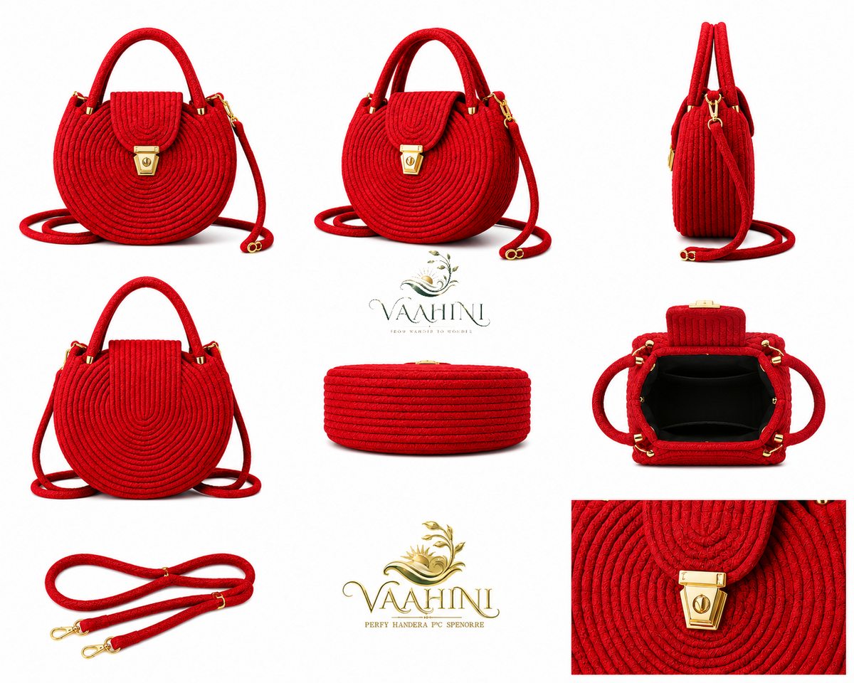 Vaahini Cotton Rope Round Sling Bag - Red - Multiple Views