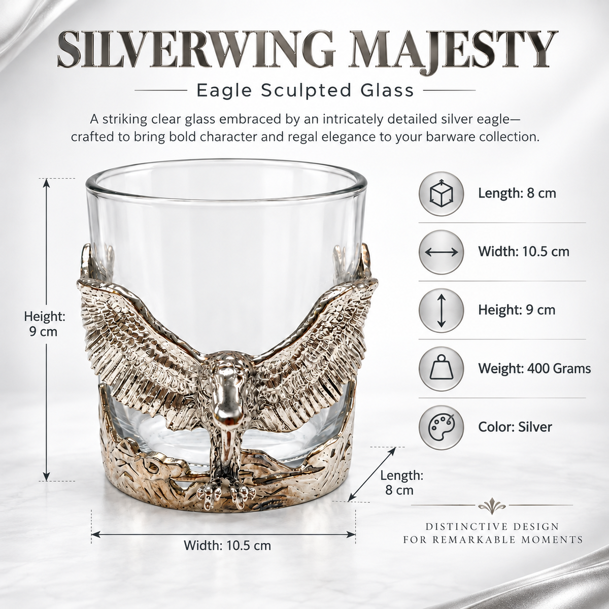 Aura & Hues Feng Shui Majestic Eagle Whiskey Glass 300ml - Silver Embossed Barware