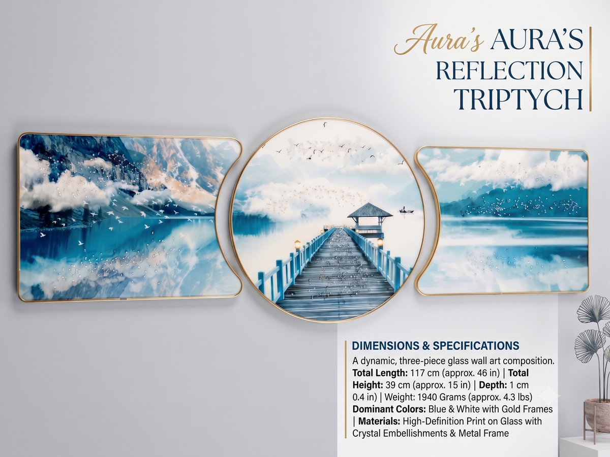 Aura & Hues China Blue & Gold Contemporary Abstract Crystal Wall Art - 46x15 Inches