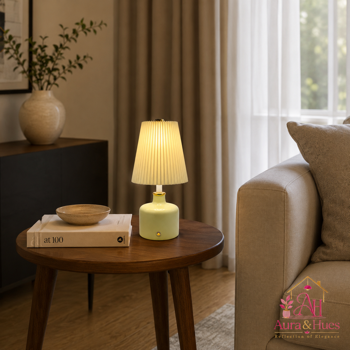 Aura & Hues Pistachio Halo Pleated Ceramic Table Lamp Elegant Sage Green Accent Light with Warm Ivory Shade for Bedside & Desk Decor