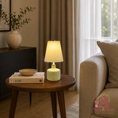 Aura & Hues Pistachio Halo Pleated Ceramic Table Lamp Elegant Sage Green Accent Light with Warm Ivory Shade for Bedside & Desk Decor