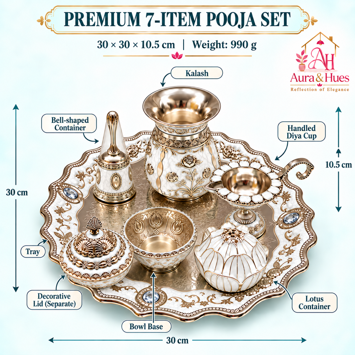 Aura & Hues Premium Royal Decorative Big Pooja Thali Set with 6 Essential Ritual Items - Elegant White Artisan Painted Centerpiece (30 x 30 cm)