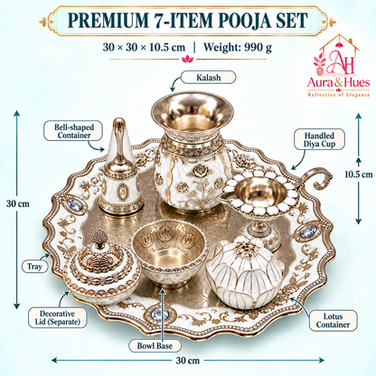 Aura & Hues Premium Royal Decorative Big Pooja Thali Set with 6 Essential Ritual Items - Elegant White Artisan Painted Centerpiece (30 x 30 cm)