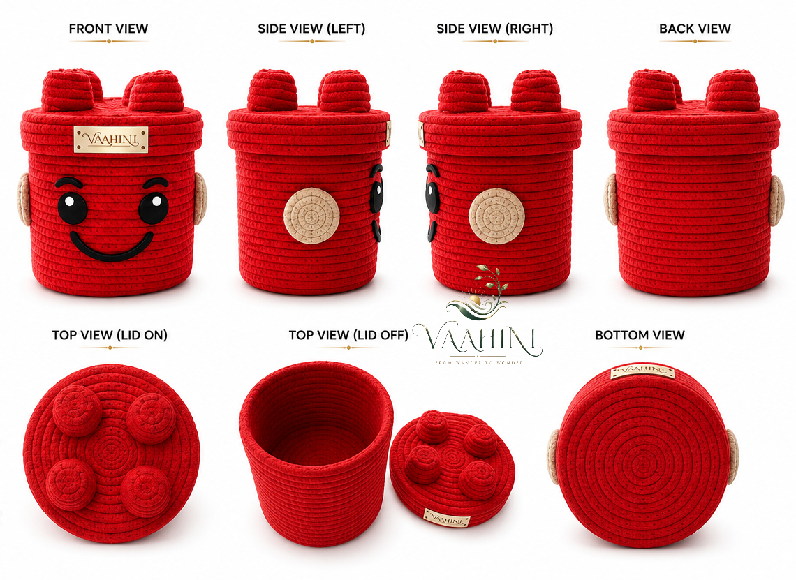 Vaahini Cotton Rope Smiley Basket - Red, side view