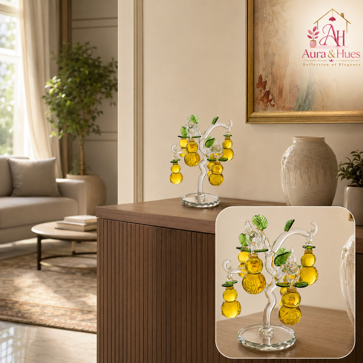 Aura & Hues Crystal Fortune Gourd Tree Handcrafted Yellow Wu Lou Sculpture for Feng Shui Good Luck Living Room Office Decor & Festive Gifting