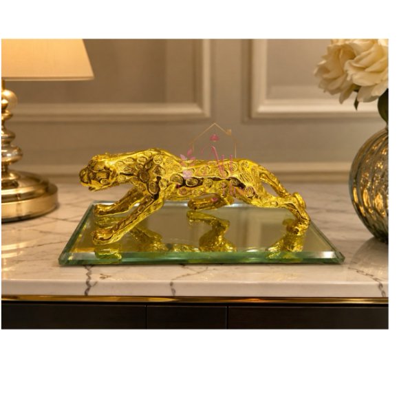 Royal Beast Golden Jaguar With Glass Decorative Showpiece