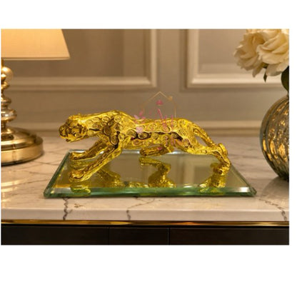Royal Beast Golden Jaguar With Glass Decorative Showpiece