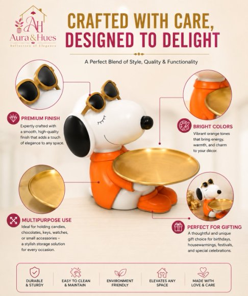 Cute Snoopy Inspired Dog Figurine Showpiece with Metal Tray