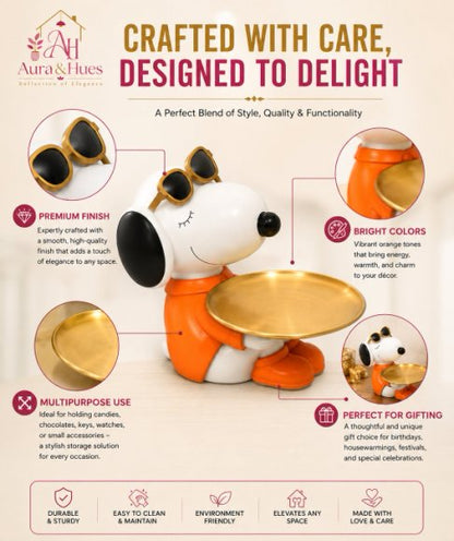 Cute Snoopy Inspired Dog Figurine Showpiece with Metal Tray