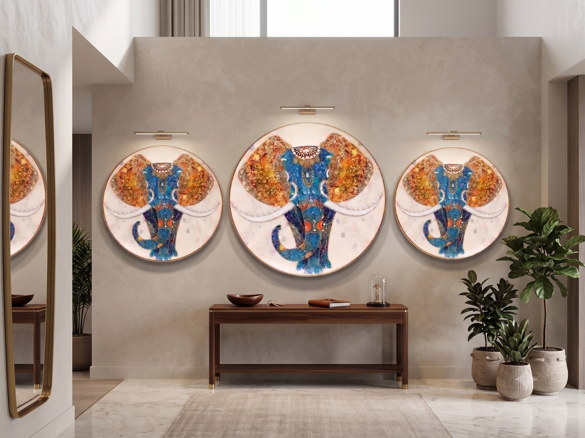 Aura & Hues Feng Shui Majestic Elephant Trio 3-Piece Crystal Wall Painting - 42x16 Inches