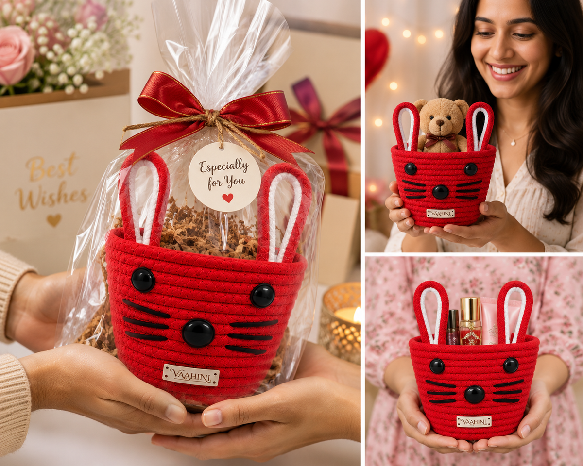 Vaahini Cotton Rope Cat Basket dimensions and features infographic