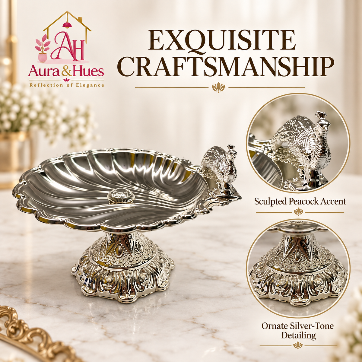 Aura & Hues Elegant Small Footed Round Serving Platter Pedestal Stand with Majestic Peacock Engraving & Nut Bolt Assembly (Silver, 22.5 cm)