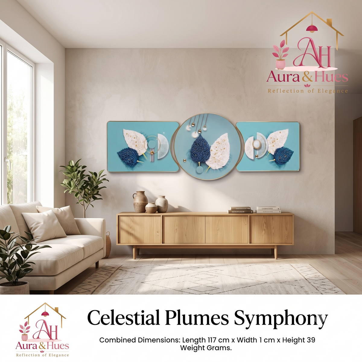 Aura & Hues 3-Piece Dual Feather Crystal Glass Wall Painting Set - 48x16 Inches