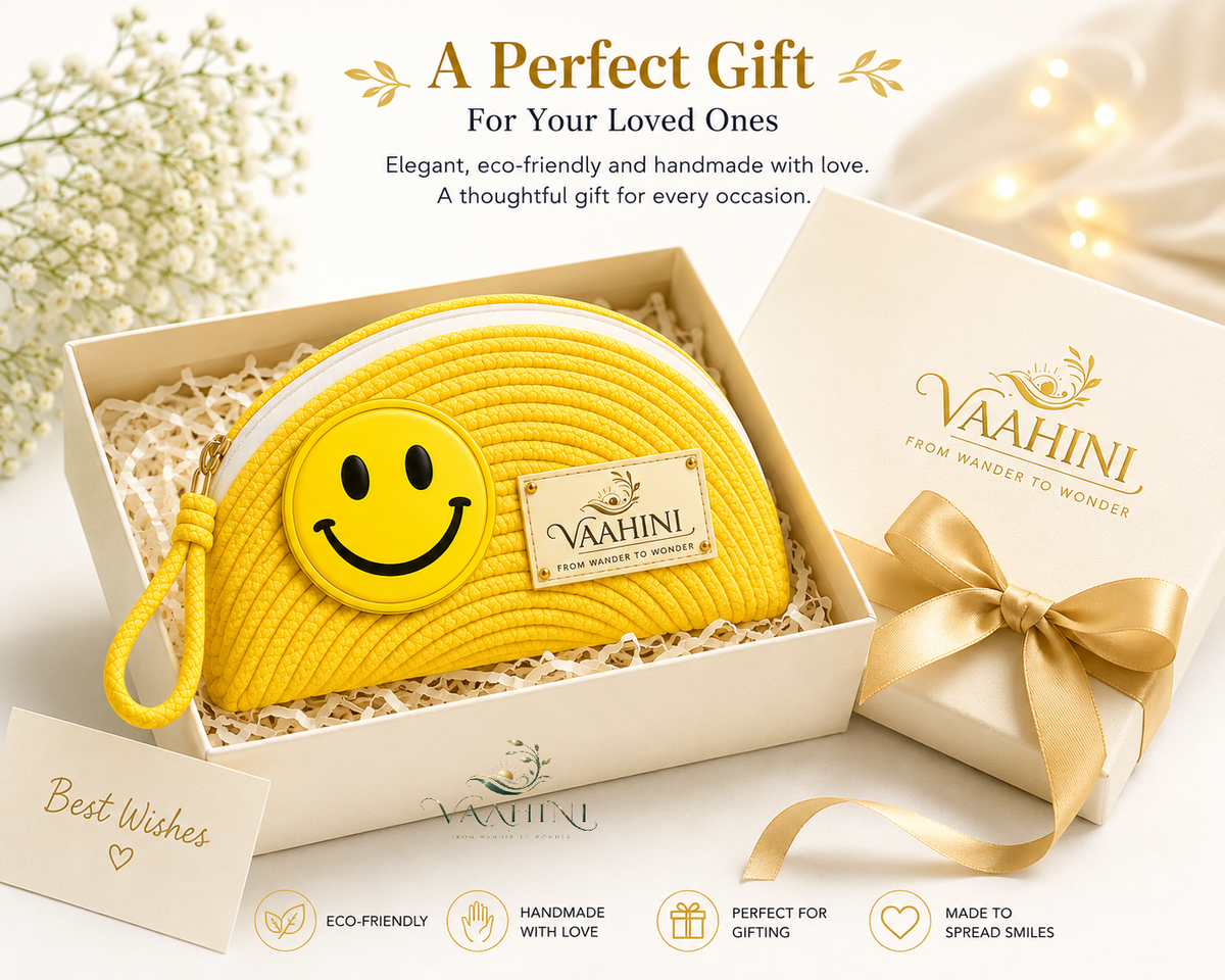 Vaahini Cotton Rope Smiley Coin Pouch Yellow - Multiple angles