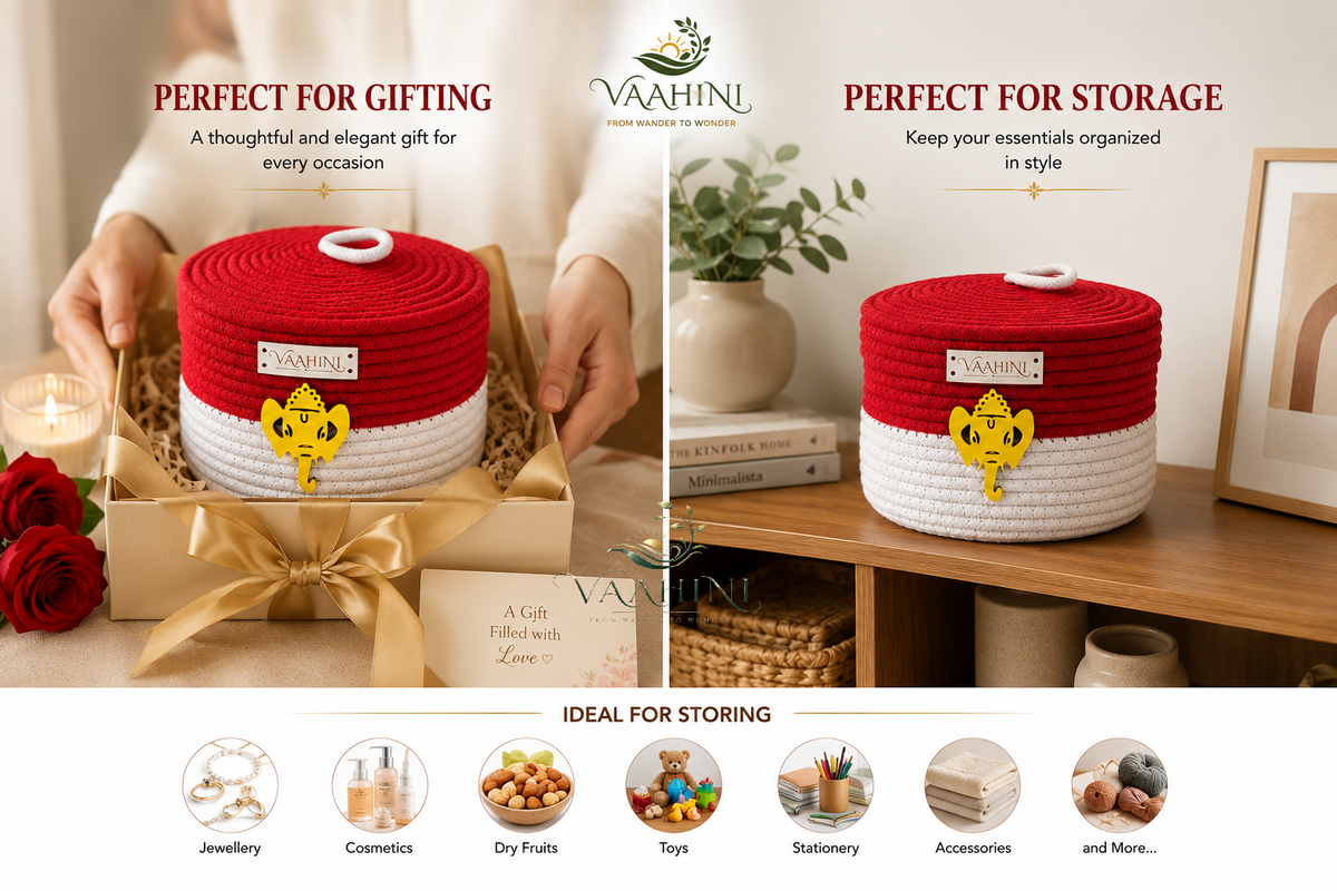 Vaahini Cotton Rope Dual Colored Ganpati Baskets with Lid for Temples