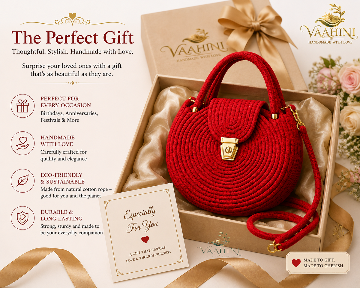 Vaahini Cotton Rope Round Sling Bag - Red - Detail Views