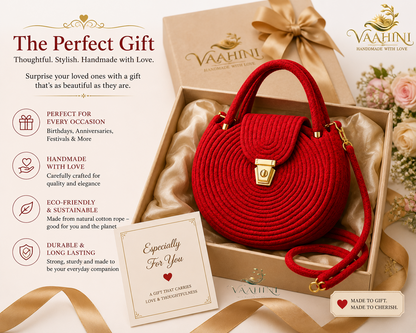 Vaahini Cotton Rope Round Sling Bag - Red - Detail Views