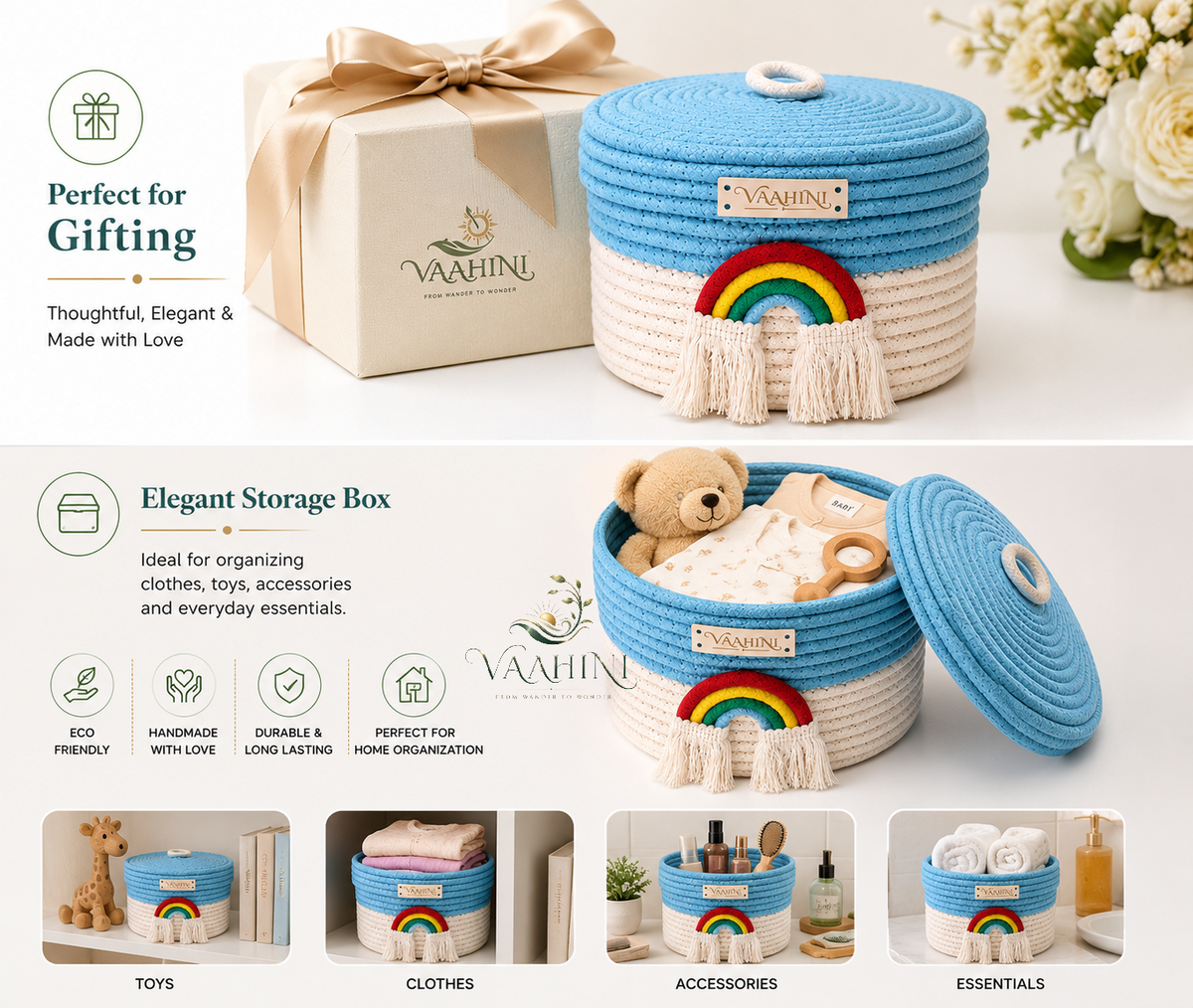 Vaahini Cotton Rope Rainbow Basket - Gifting & Usage