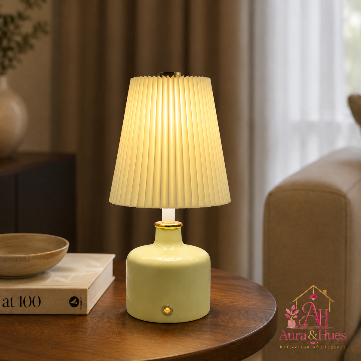 Aura & Hues Pistachio Halo Pleated Ceramic Table Lamp Elegant Sage Green Accent Light with Warm Ivory Shade for Bedside & Desk Decor