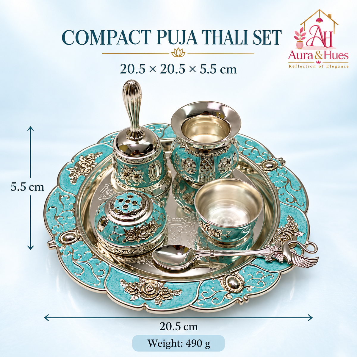 Aura & Hues Handcrafted Small Decorative Pooja Thali Gift Box Set with 5 Festive Accessories - Elegant Light Blue Enamel Finish (20.5 x 20.5 cm)