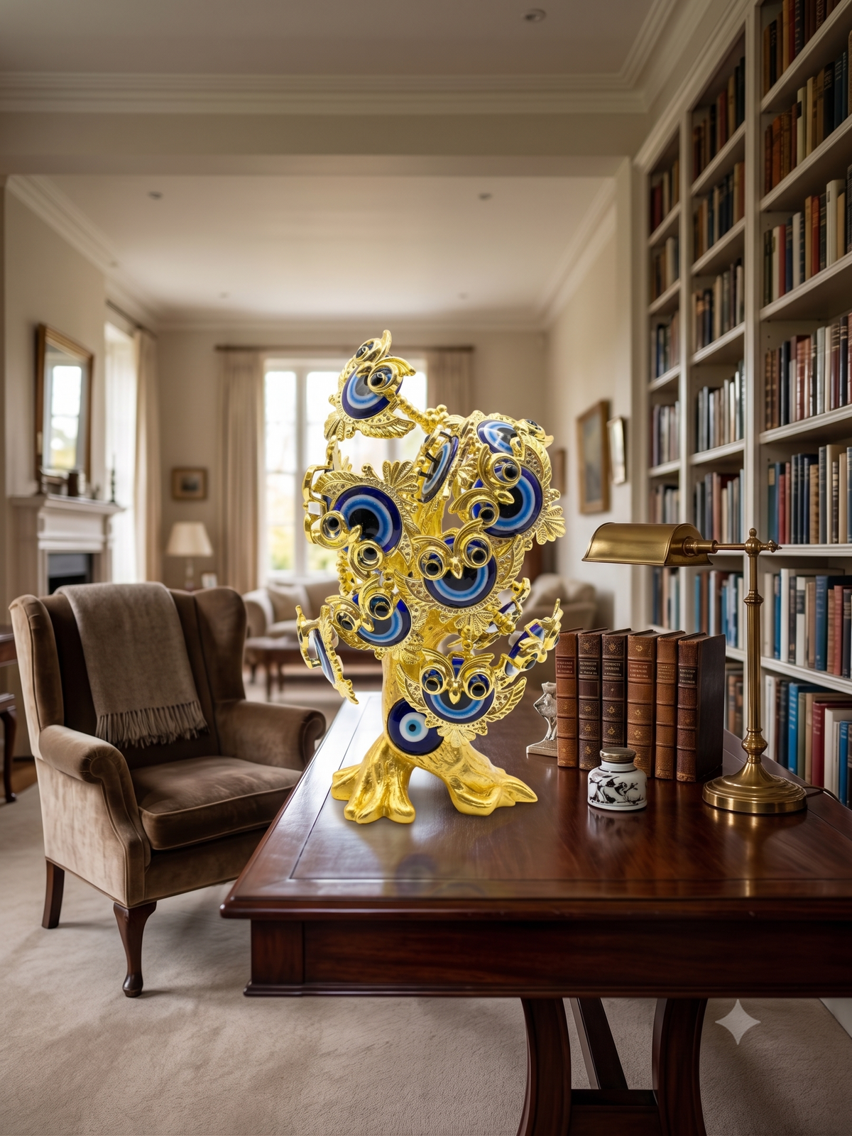 Aura & Hues 12-Inch Feng Shui Evil Eye Tree with Wise Owl Figurine - Blue & Gold Protection Decor