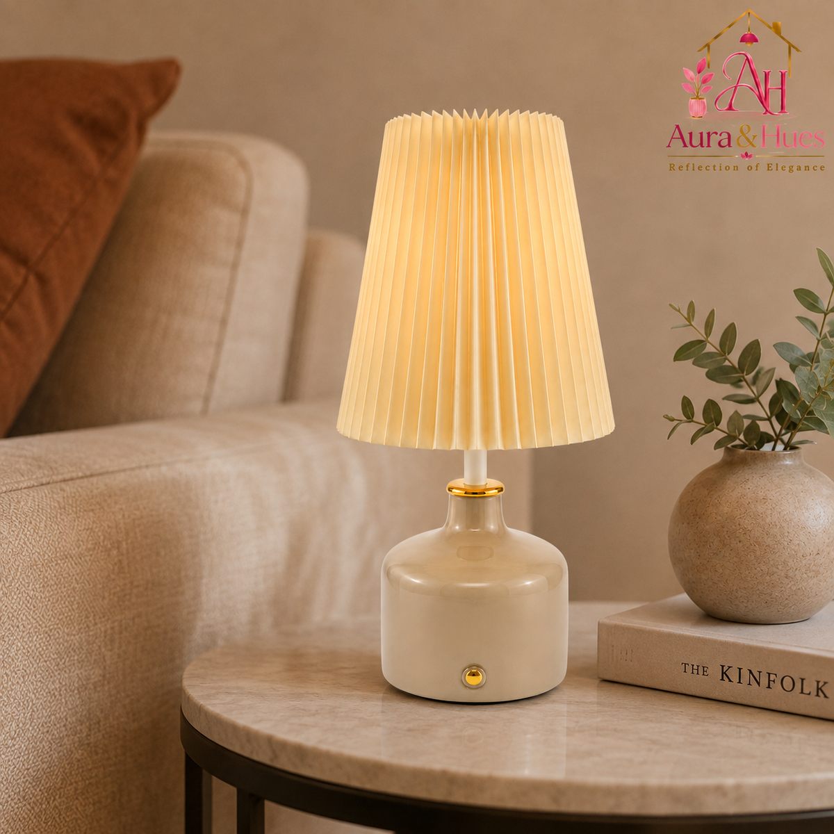 Aura & Hues Mushroom Glow Pleated Table Lamp Elegant Warm Taupe Ceramic Accent Light with Cream Shade for Bedside Nightstand & Study